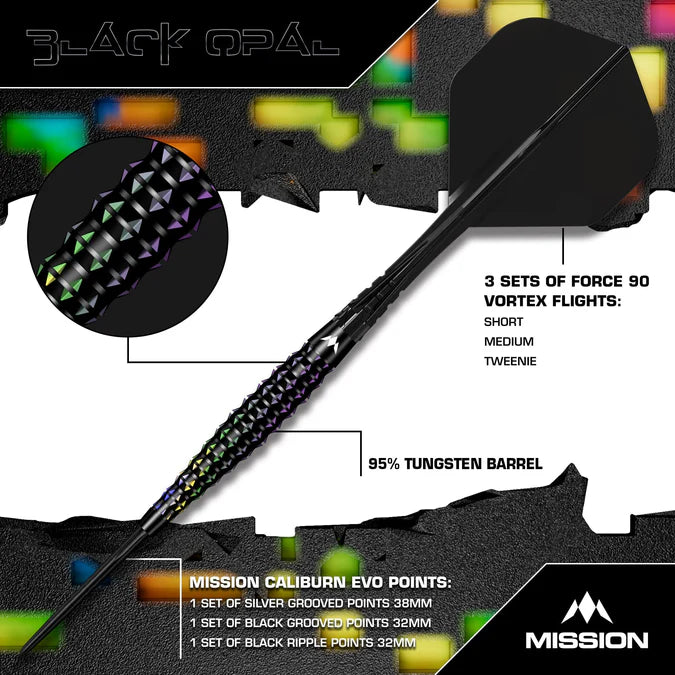 MISSION - OPAL - BOX SET - BLACK & CORAL PVD - STEEL TIP DARTS - 95% - 22g/24g/26g