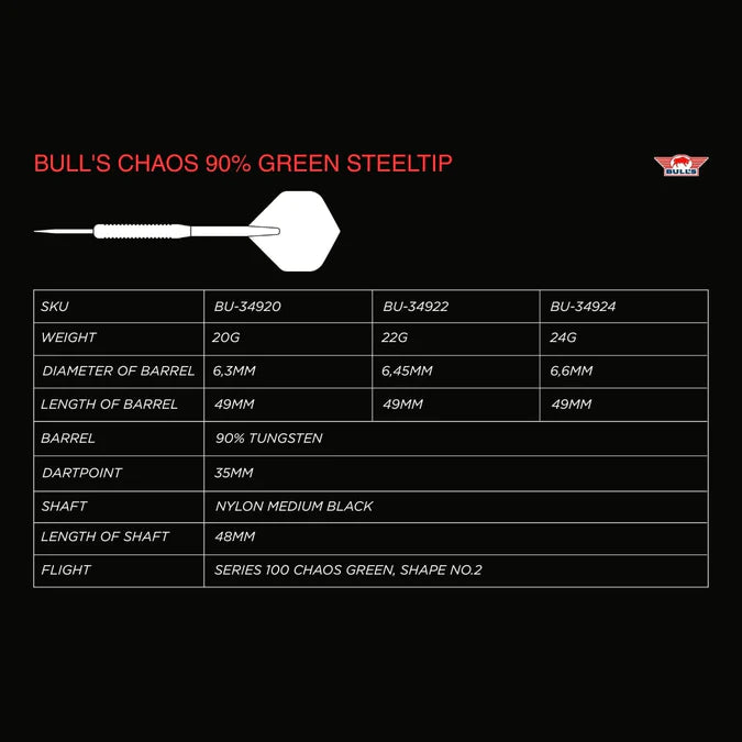 BULL'S (NL) - CHAOS - GREEN - STEEL TIP DARTS - 90% - 20g/22g/24g