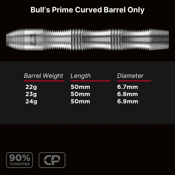 BULL'S (NL) - PRIME - CURVED - BARRELS ONLY - CP STEEL TIP POINT DARTS - 90% - 22g/23g/24g