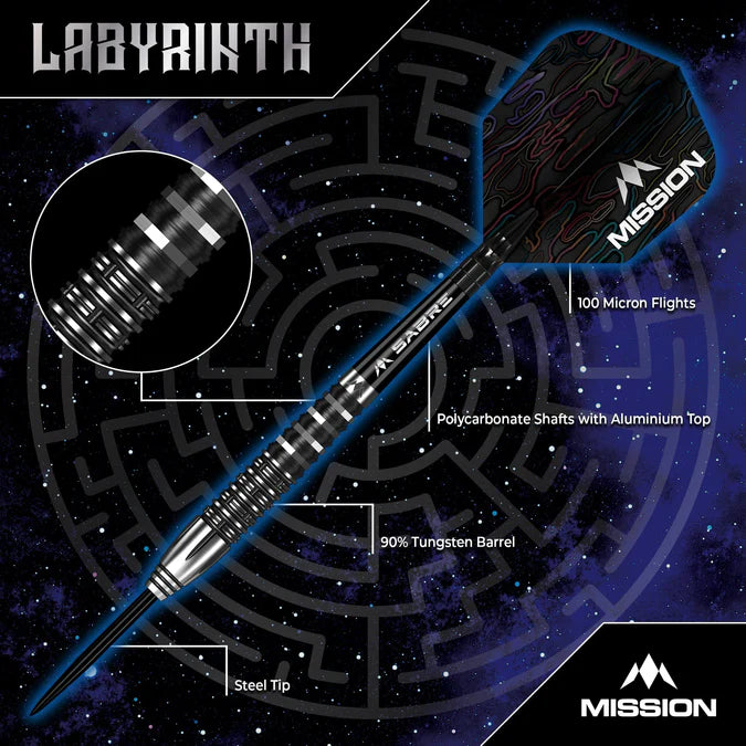 MISSION - LABYRINTH - BLACK PVD - STEEL TIP DARTS - 90% - 22g/24g