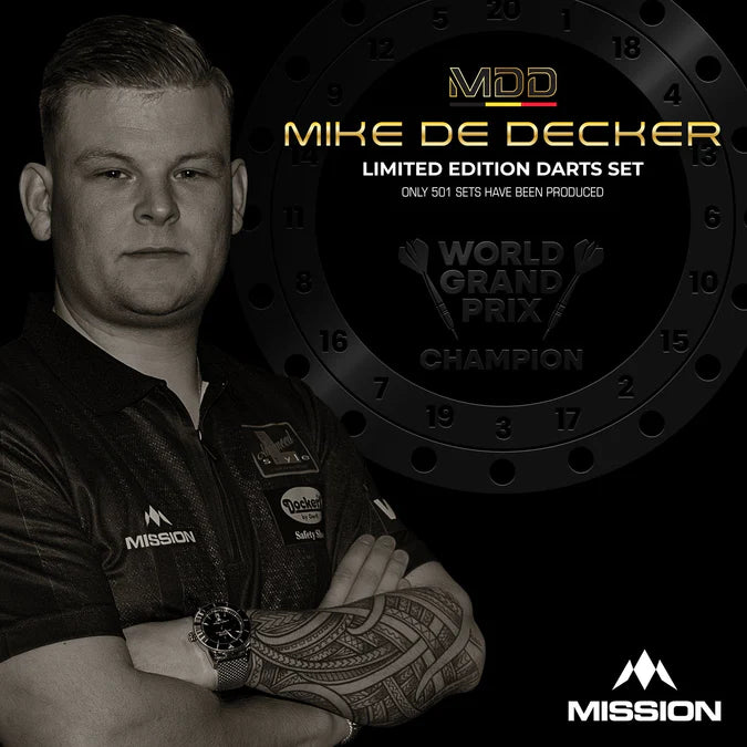MISSION - MIKE DE DECKER - WORLD GRAND PRIX - LIMITED EDITION BOX SET - STEEL TIP DARTS - 95% - 24g
