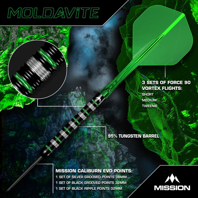 MISSION - MOLDAVITE - BOX SET - BLACK & GREEN - STEEL TIP DARTS - 95% - 21g/23g/25g