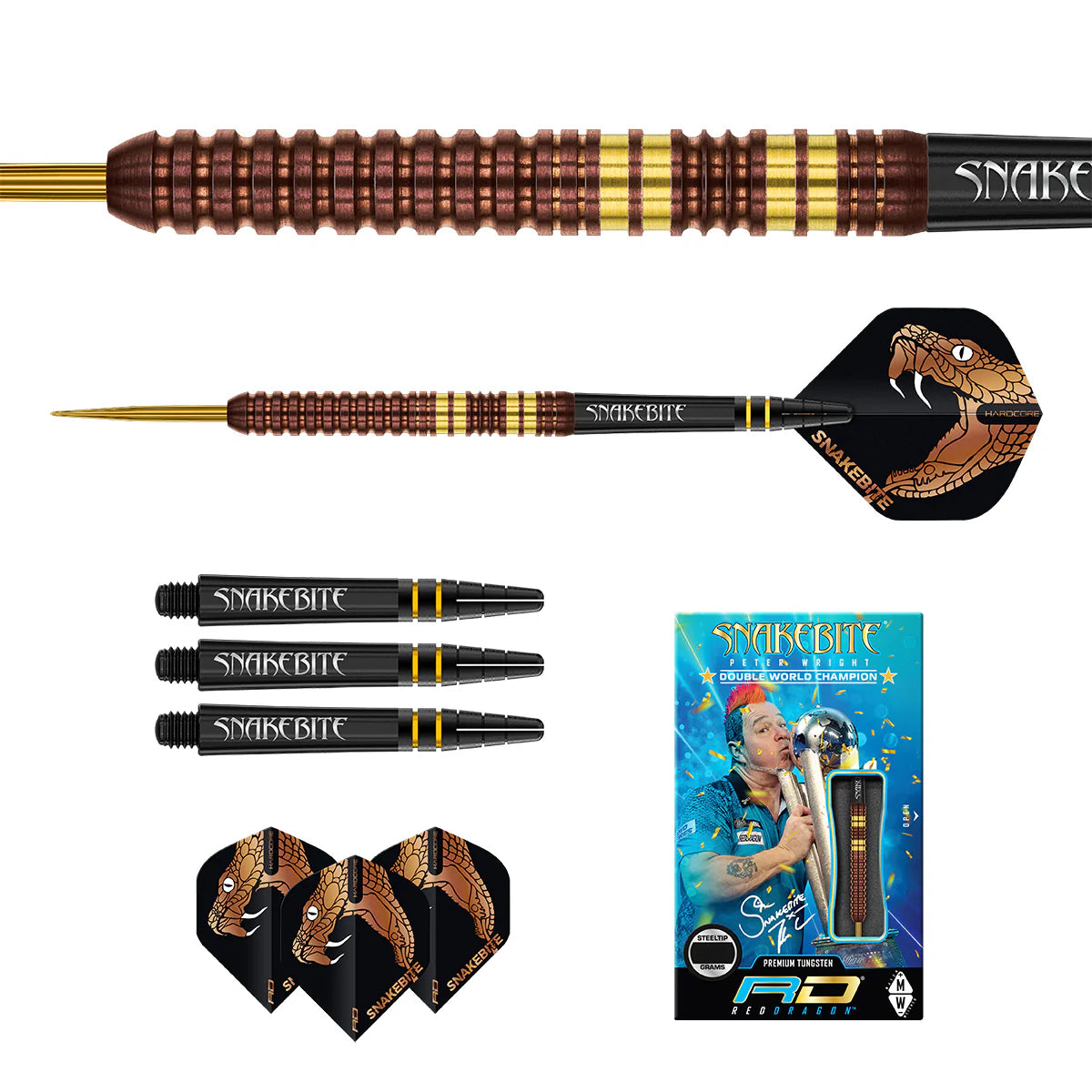RED DRAGON - PETER WRIGHT 'SNAKEBITE' - COPPER FUSION - STEEL TIP DARTS - 90% - 21g/23g