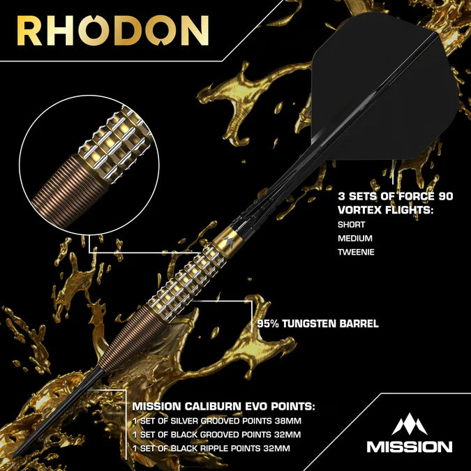 MISSION - RHODON - BOX SET - BRONZE & GOLD PVD - STEEL TIP DARTS - 95% - 21g/23g/25g