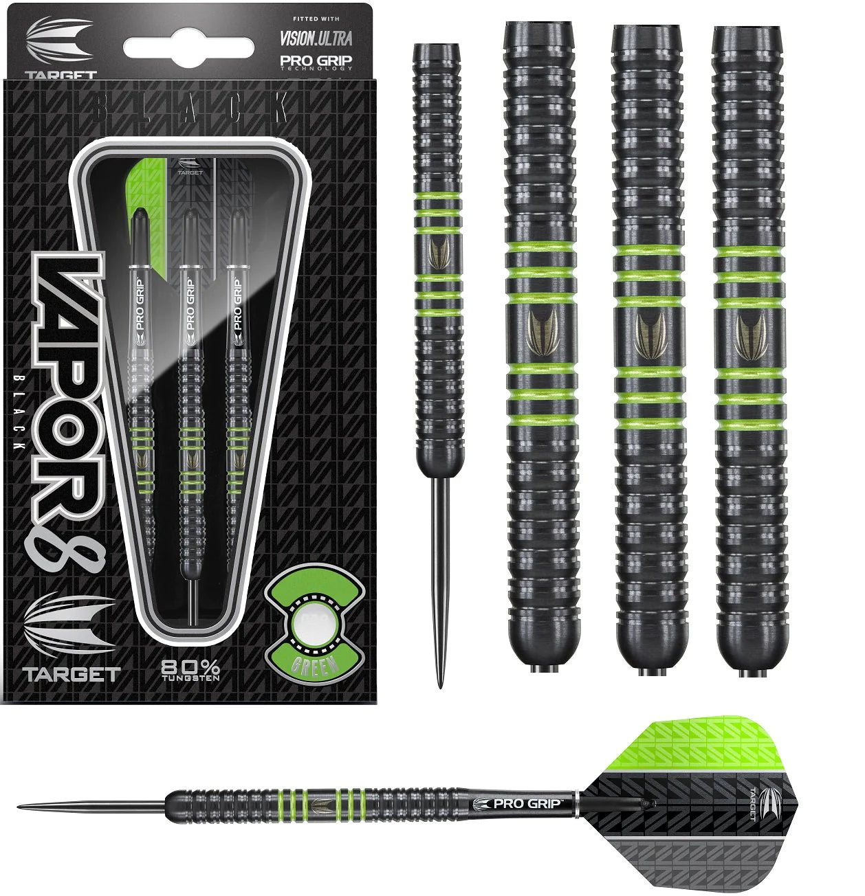 TARGET - VAPOR 8 'BLACK' - GREEN - STEEL TIP DART - 80% - 21g/22g/23g