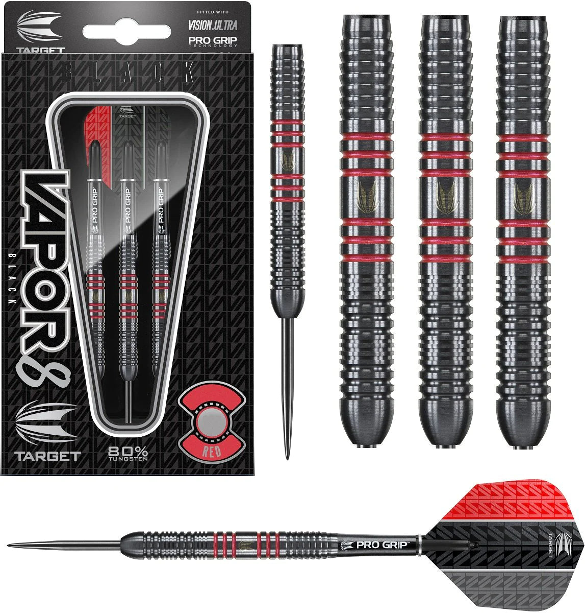 TARGET - VAPOR 8 'BLACK' - RED - STEEL TIP DART - 80% - 23g/25g