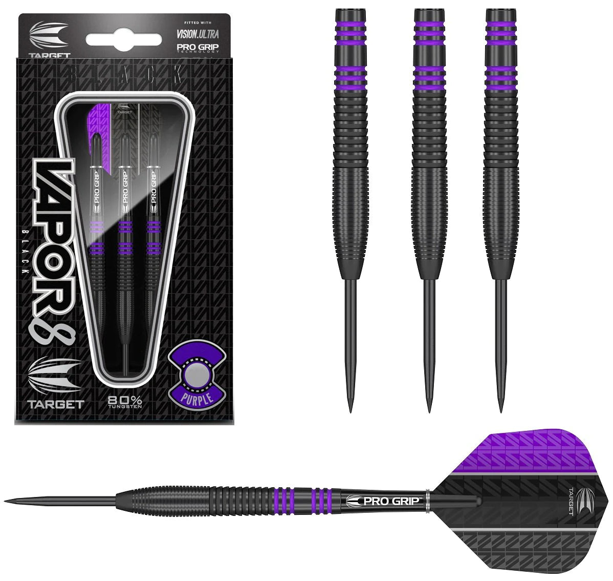 TARGET - VAPOR 8 'BLACK' - PURPLE - STEEL TIP DART - 80% - 21g/23g