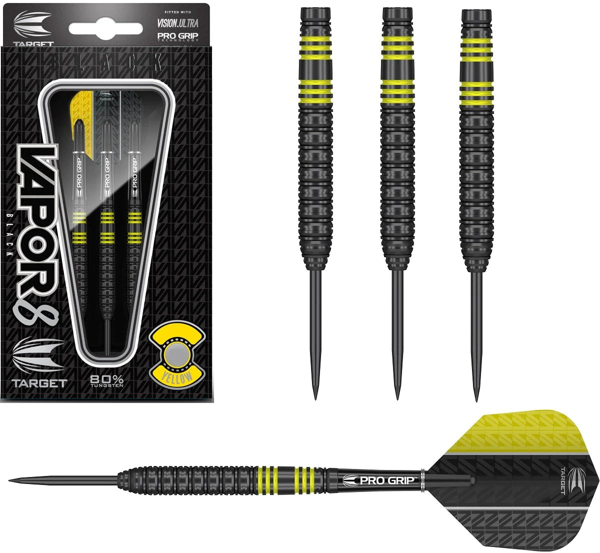 TARGET - VAPOR 8 'BLACK' - YELLOW - STEEL TIP DART - 80% - 22g/24g