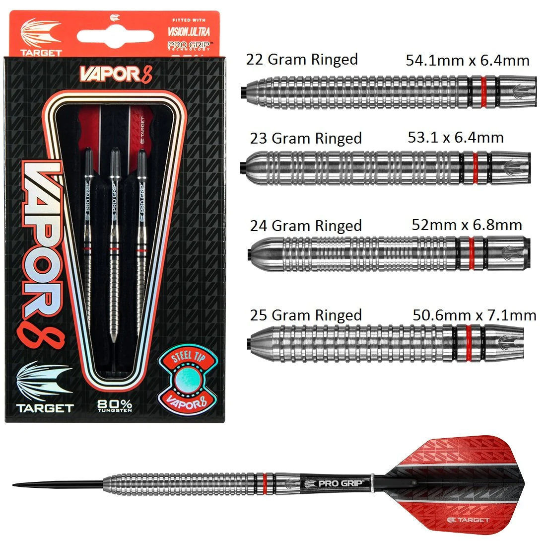 TARGET - VAPOR 8 'RINGED' - STEEL TIP DART - 80% - 22g/23g/24g/25g