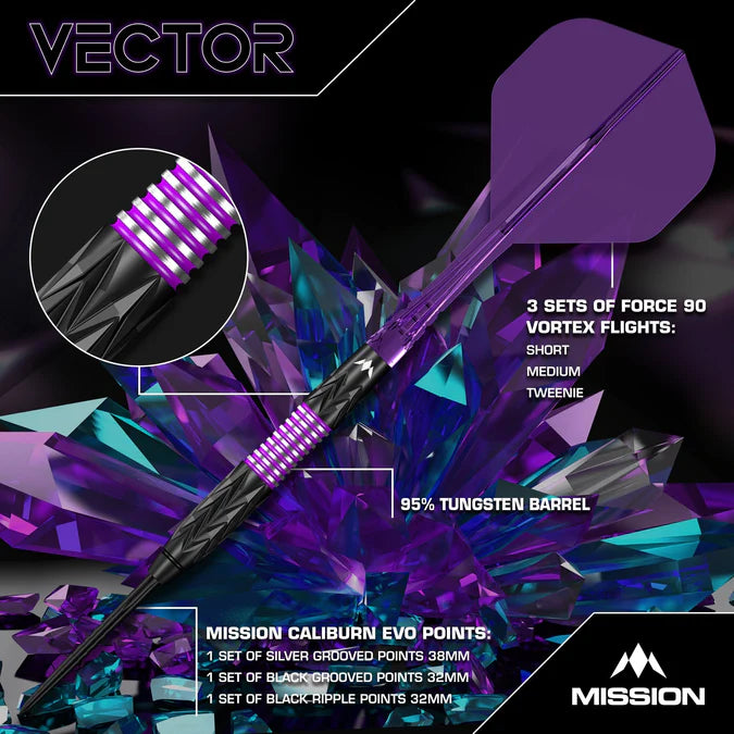 MISSION - VECTOR - BOX SET - BLACK PVD & PURPLE ELECTRO - STEEL TIP DARTS - 95% - 22g/24g