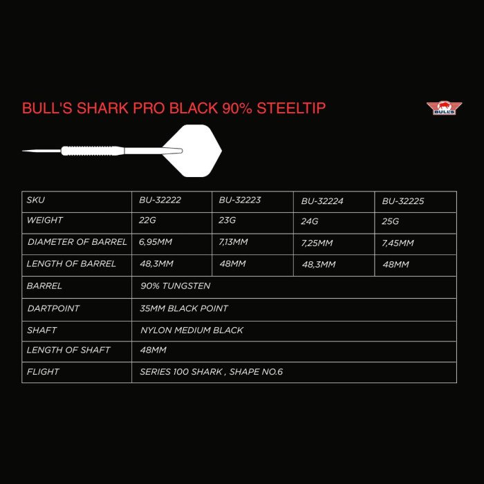 BULL'S (NL) - SHARK PRO - BLACK - STEEL TIP DARTS - 90% - 22g/23g/24g/25g