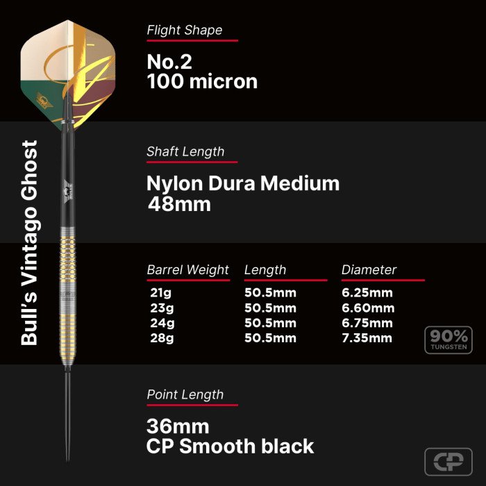 BULL'S (NL) - VINTAGO - GHOST - CP STEEL TIP POINT DARTS - 90% - 21g/23g/24g/28g