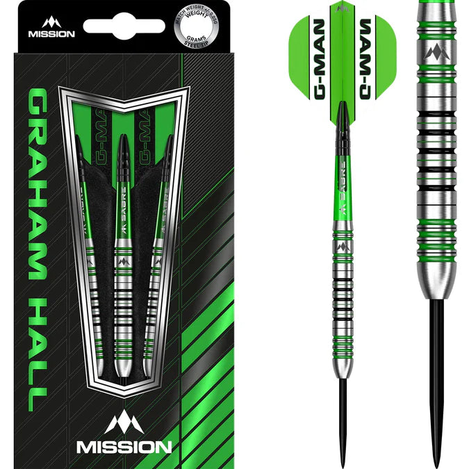 MISSION - GRAHAM HALL DARTS - STEEL TIP - 90% - BLACK & GREEN - 22g/24g