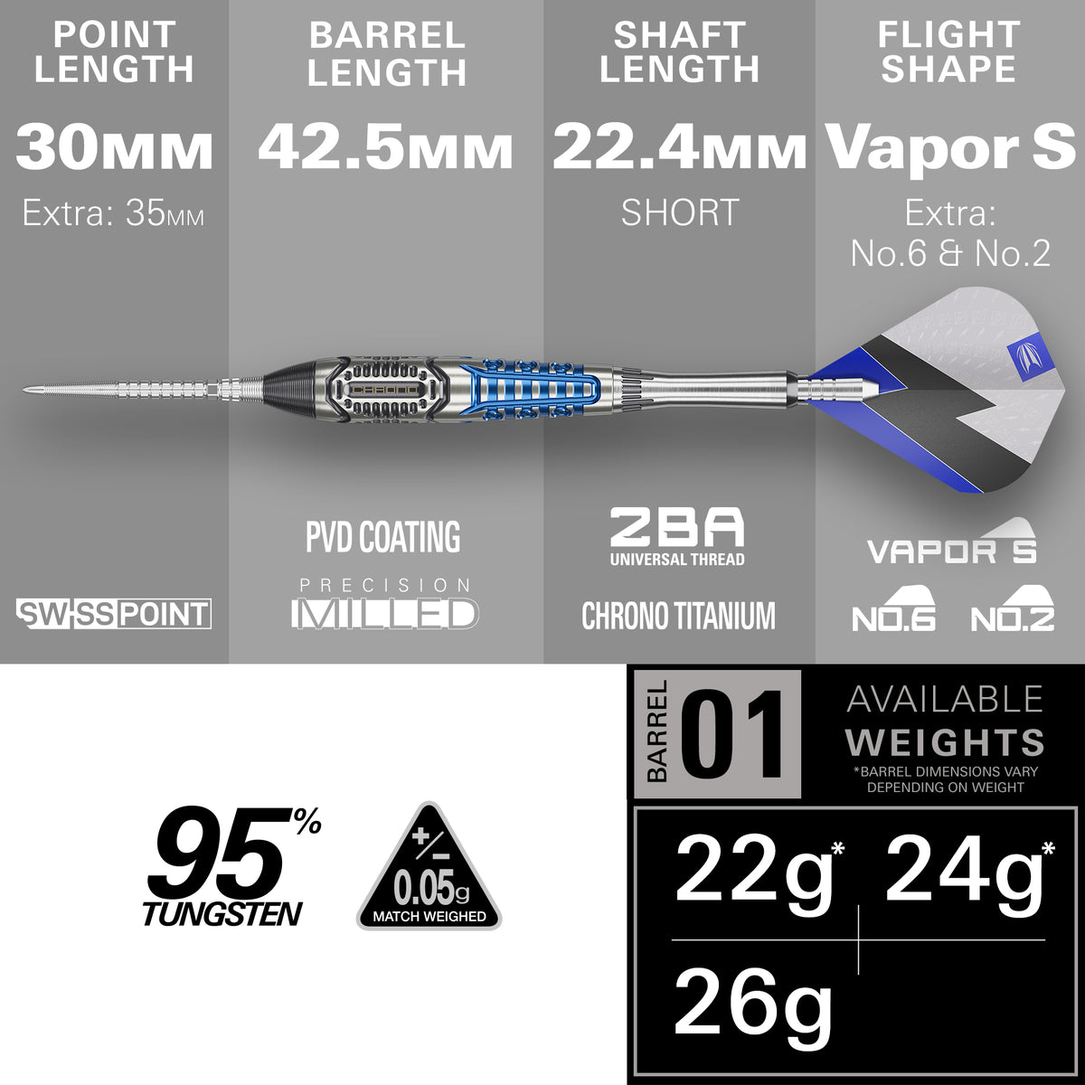 TARGET - PHIL TAYLOR - POWER CHRONO - SWISS POINT DARTS - 95% - 22g/24g/26g