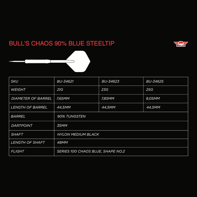 BULL'S (NL) - CHAOS - BLUE - STEEL TIP DARTS - 90% - 21g/23g/25g