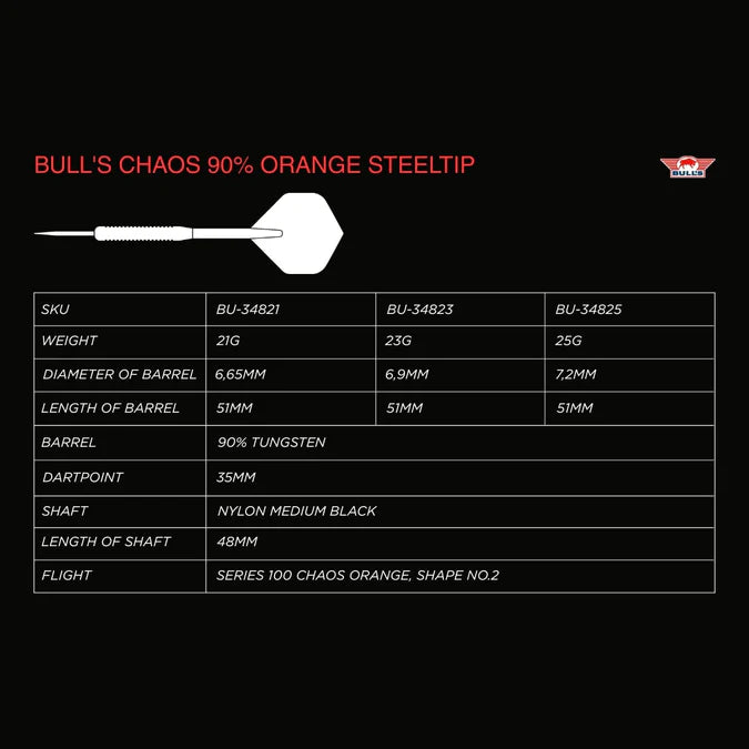 BULL'S (NL) - CHAOS - ORANGE - STEEL TIP DARTS - 90% - 21g/23g/25g