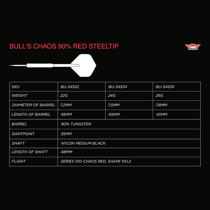 BULL'S (NL) - CHAOS - RED - STEEL TIP DARTS - 90% - 22g/24g/26g