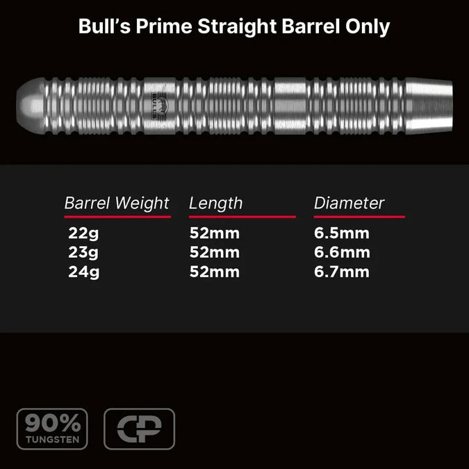 BULL'S (NL) - PRIME - STRAIGHT - BARRELS ONLY - CP STEEL TIP POINT DARTS - 90% - 22g/23g/24g