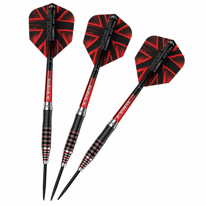 MISSION - DARYL FITTON - ELECTRO BLACK & RED - STEEL TIP DARTS - 95% - 22g/24g/26g