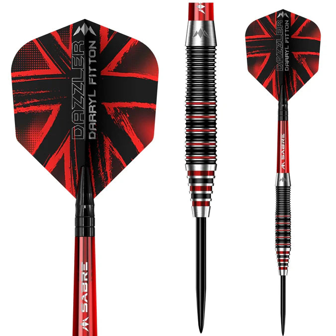 MISSION - DARYL FITTON - ELECTRO BLACK & RED - STEEL TIP DARTS - 95% - 22g/24g/26g