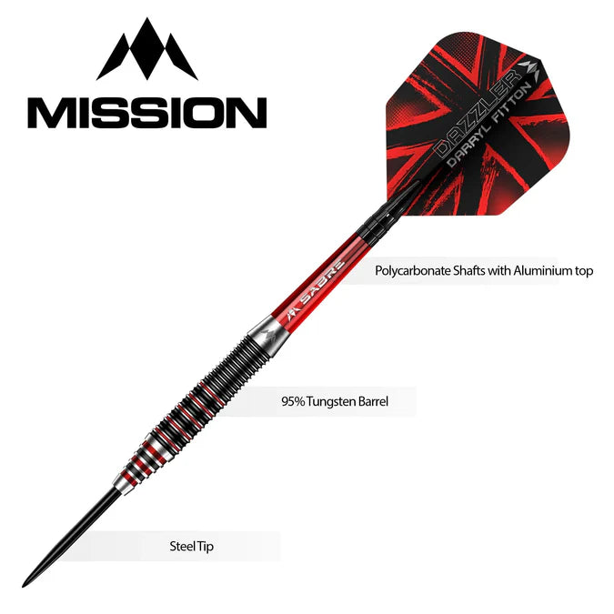 MISSION - DARYL FITTON - ELECTRO BLACK & RED - STEEL TIP DARTS - 95% - 22g/24g/26g