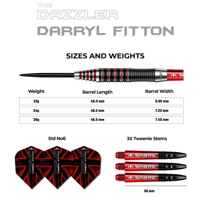MISSION - DARYL FITTON - ELECTRO BLACK & RED - STEEL TIP DARTS - 95% - 22g/24g/26g