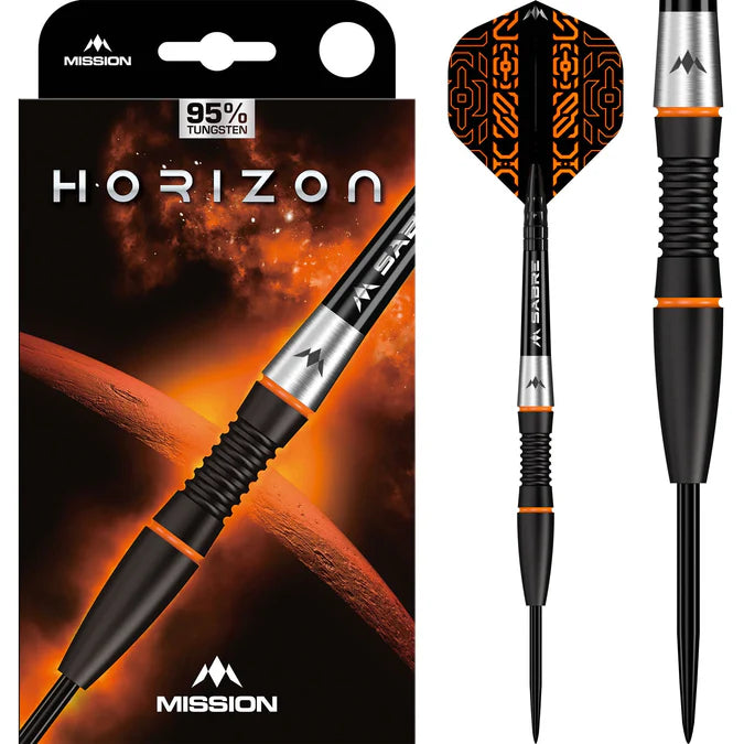 MISSION - HORIZON - BLACK PVD & ORANGE - STEEL TIP DARTS - 90% - 22g/24g