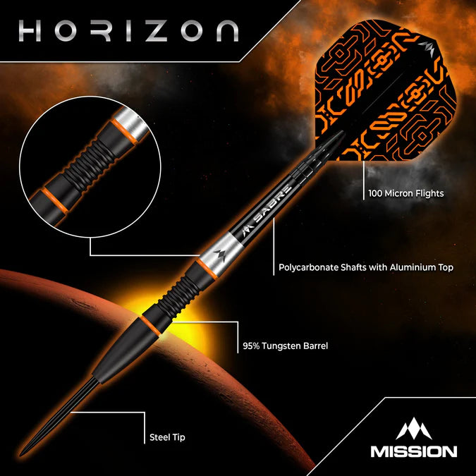 MISSION - HORIZON - BLACK PVD & ORANGE - STEEL TIP DARTS - 90% - 22g/24g