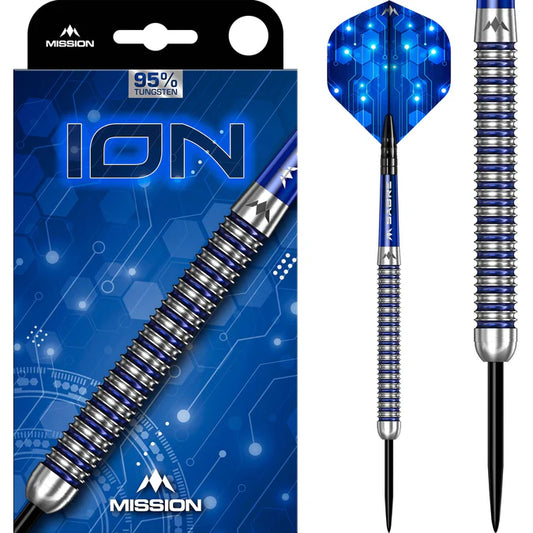 MISSION - ION - BLUE & SILVER - STEEL TIP DARTS - 95% - 22g/24g/26g/28g/30g