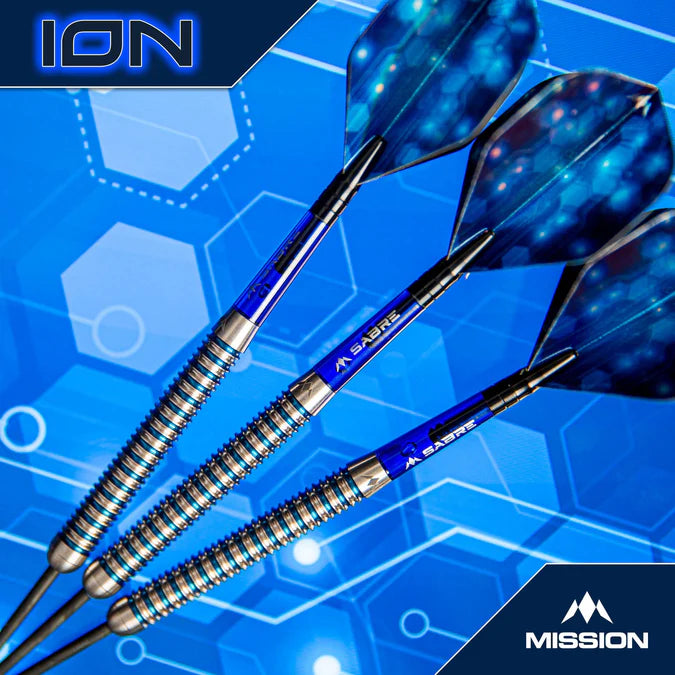 MISSION - ION - BLUE & SILVER - STEEL TIP DARTS - 95% - 22g/24g/26g/28g/30g