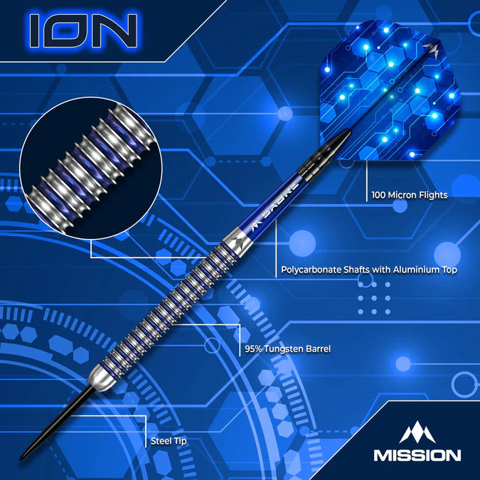 MISSION - ION - BLUE & SILVER - STEEL TIP DARTS - 95% - 22g/24g/26g/28g/30g