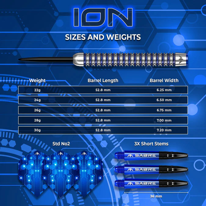 MISSION - ION - BLUE & SILVER - STEEL TIP DARTS - 95% - 22g/24g/26g/28g/30g