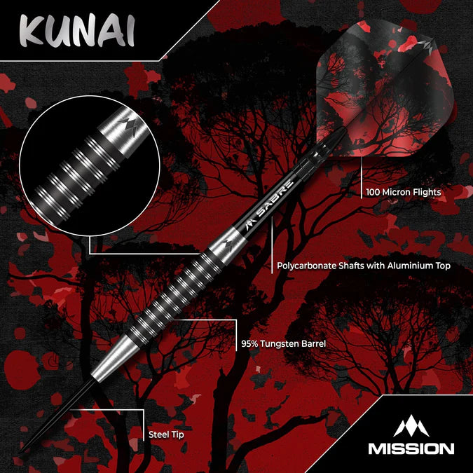 MISSION - KUNAI - BLACK PVD - STEEL TIP DARTS - 90% - 23g/25g