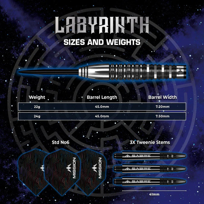MISSION - LABYRINTH - BLACK PVD - STEEL TIP DARTS - 90% - 22g/24g