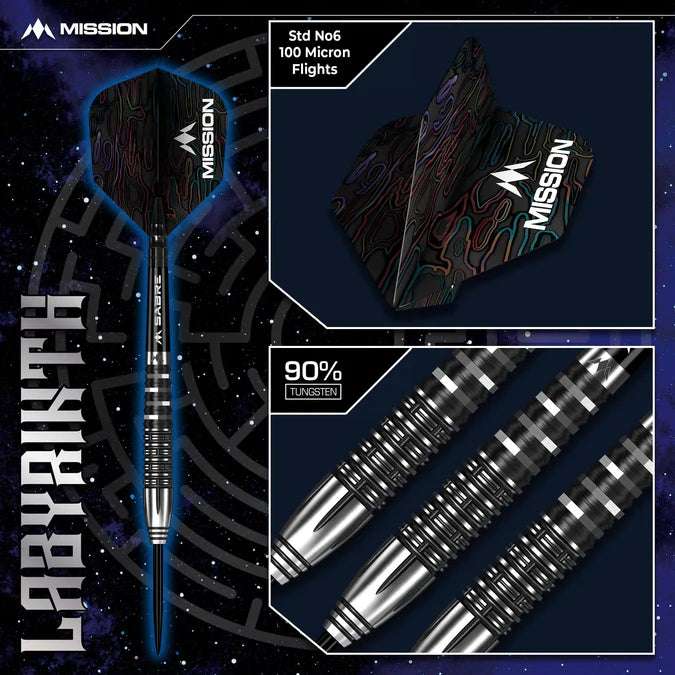 MISSION - LABYRINTH - BLACK PVD - STEEL TIP DARTS - 90% - 22g/24g