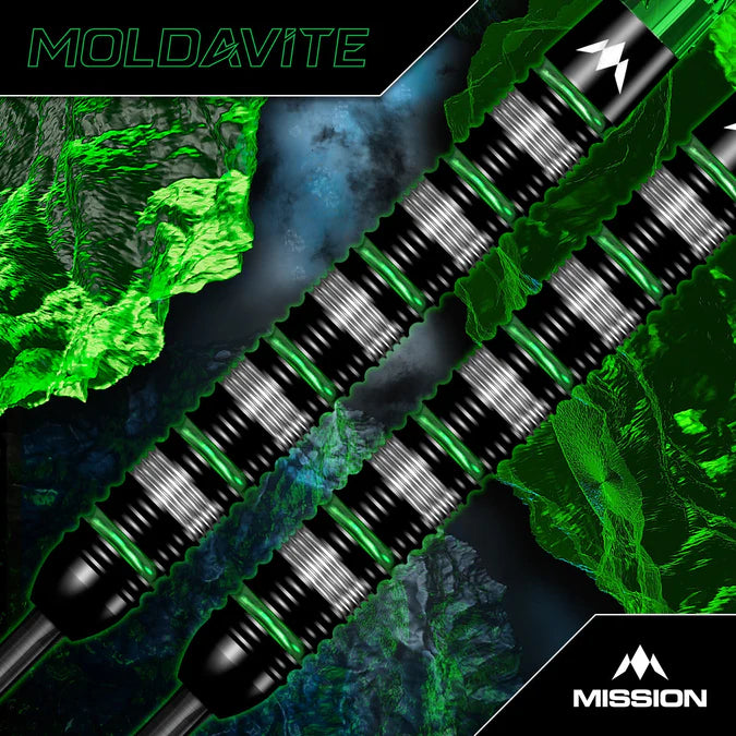 MISSION - MOLDAVITE - BOX SET - BLACK & GREEN - STEEL TIP DARTS - 95% - 21g/23g/25g