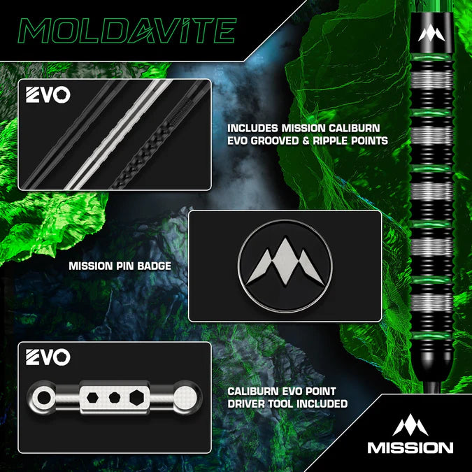 MISSION - MOLDAVITE - BOX SET - BLACK & GREEN - STEEL TIP DARTS - 95% - 21g/23g/25g