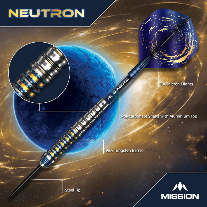 MISSION - NEUTRON - GOLD & BLUE PVD - STEEL TIP DARTS - 90% - 30g/32g/34g