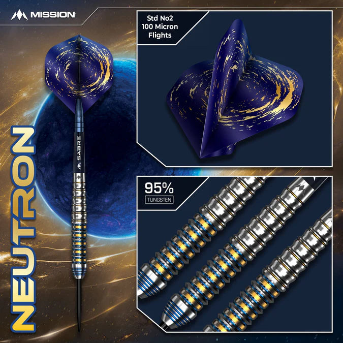 MISSION - NEUTRON - GOLD & BLUE PVD - STEEL TIP DARTS - 90% - 30g/32g/34g