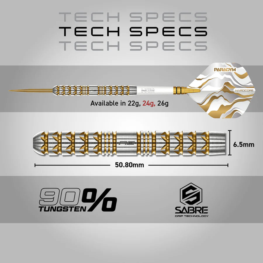 RED DRAGON - PARADYM - GOLD - PARALLEL- STEEL TIP DARTS - 90% - 22g/24g/26g
