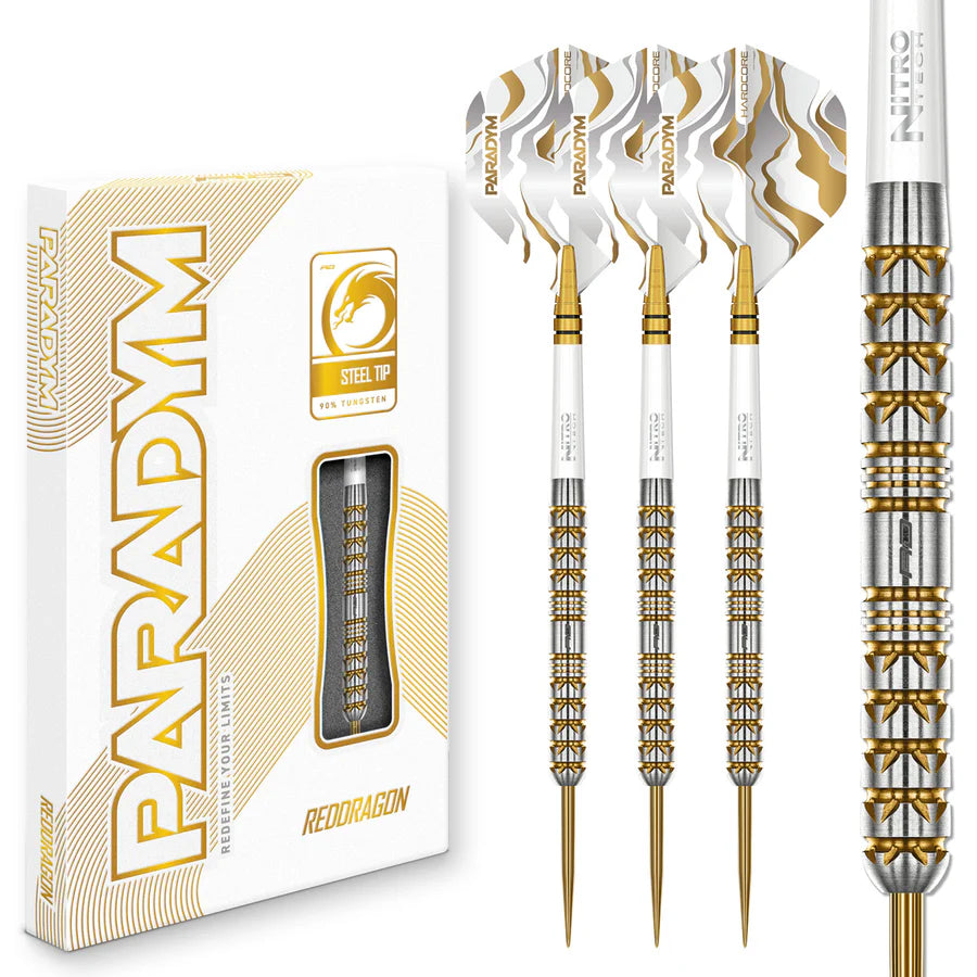 RED DRAGON - PARADYM - GOLD - PARALLEL- STEEL TIP DARTS - 90% - 22g/24g/26g