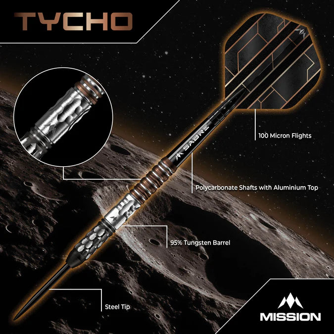 MISSION - TYCHO - BLACK & BRONZE PVD - STEEL TIP DARTS - 95% - 22g/24g/26g