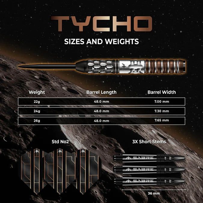 MISSION - TYCHO - BLACK & BRONZE PVD - STEEL TIP DARTS - 95% - 22g/24g/26g