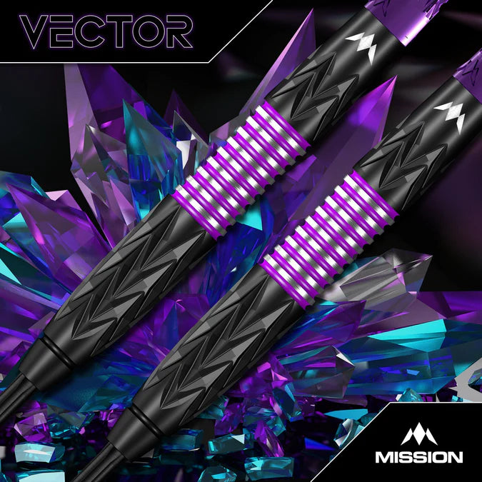 MISSION - VECTOR -  BOX SET - BLACK PVD & PURPLE ELECTRO - STEEL TIP DARTS - 95% - 22g/24g