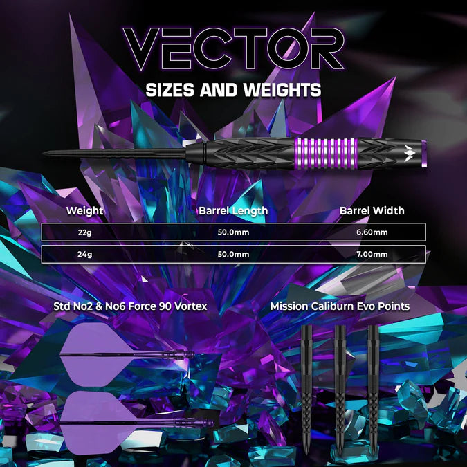 MISSION - VECTOR -  BOX SET - BLACK PVD & PURPLE ELECTRO - STEEL TIP DARTS - 95% - 22g/24g