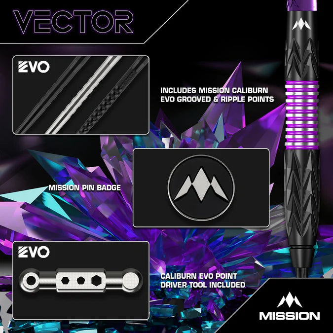 MISSION - VECTOR -  BOX SET - BLACK PVD & PURPLE ELECTRO - STEEL TIP DARTS - 95% - 22g/24g