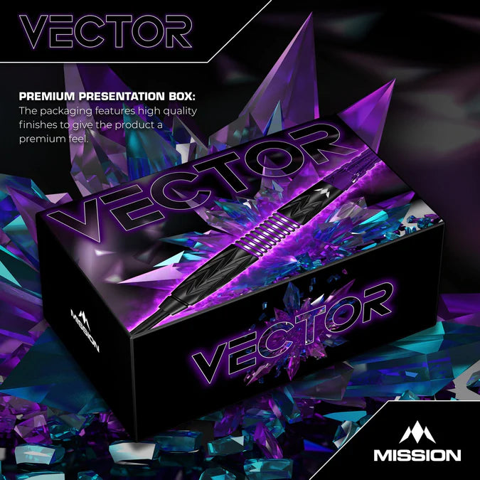 MISSION - VECTOR -  BOX SET - BLACK PVD & PURPLE ELECTRO - STEEL TIP DARTS - 95% - 22g/24g