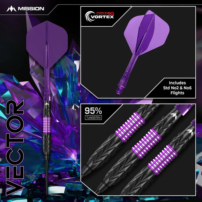 MISSION - VECTOR -  BOX SET - BLACK PVD & PURPLE ELECTRO - STEEL TIP DARTS - 95% - 22g/24g