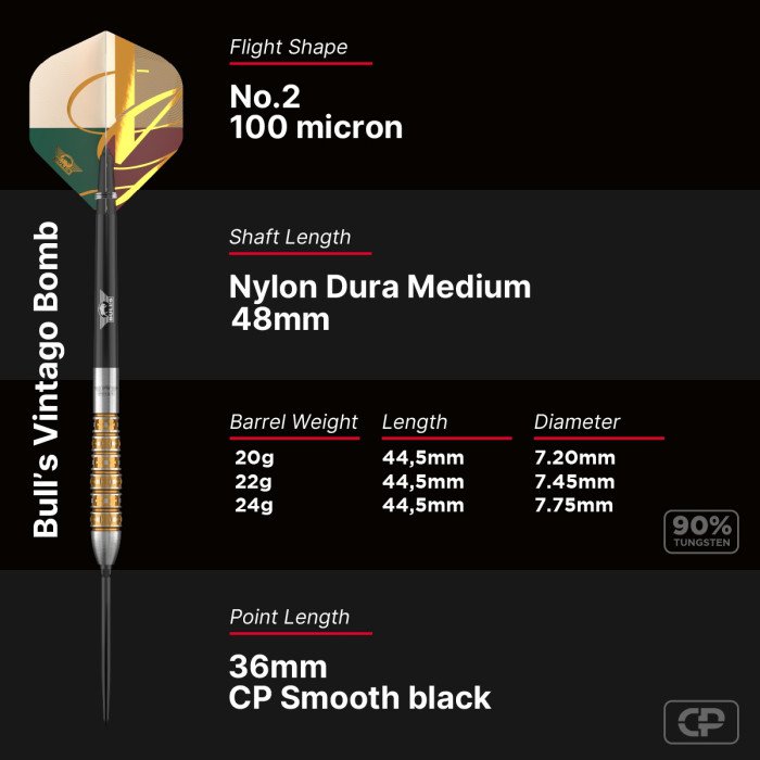 BULL'S (NL) - VINTAGO - BOMB - CP STEEL TIP POINT DARTS - 90% - 20g/22g/24g