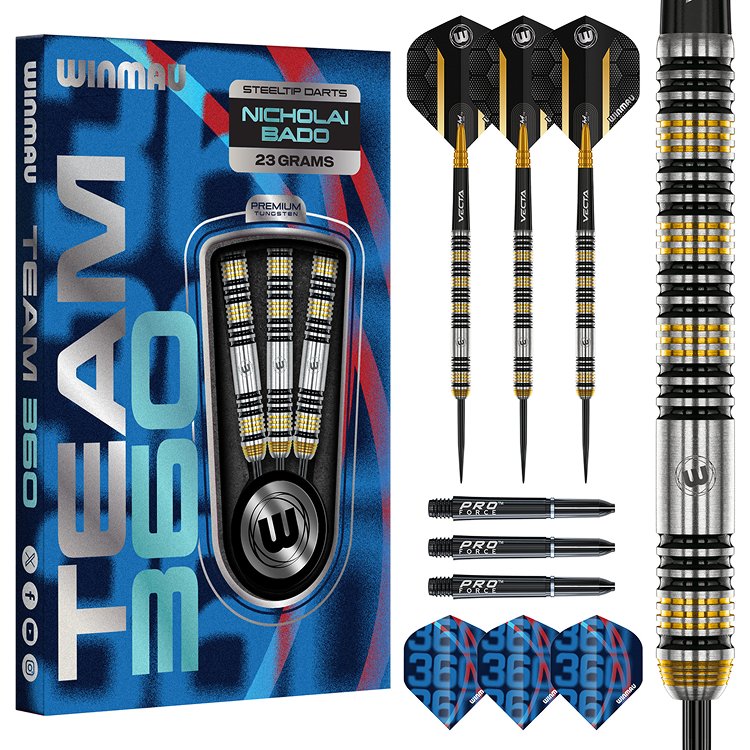 WINMAU - NICOLAI BADO - TEAM 360 - STEEL TIP DARTS - 90% - 23g